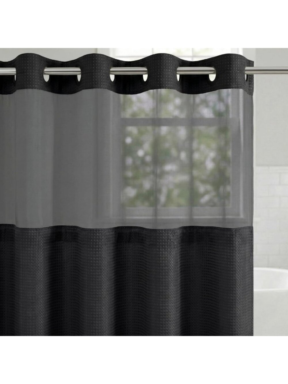 Water-Resistant 72x75 Waffle Shower Curtain with Sheer Panel & Durable Grommets